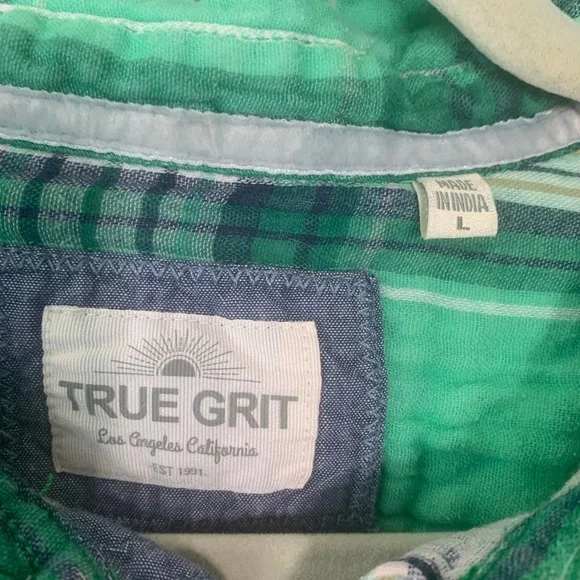 True Grit Mens Shirt Large Blue Green Plaid Button Up Short Sleeve Pocket Skater